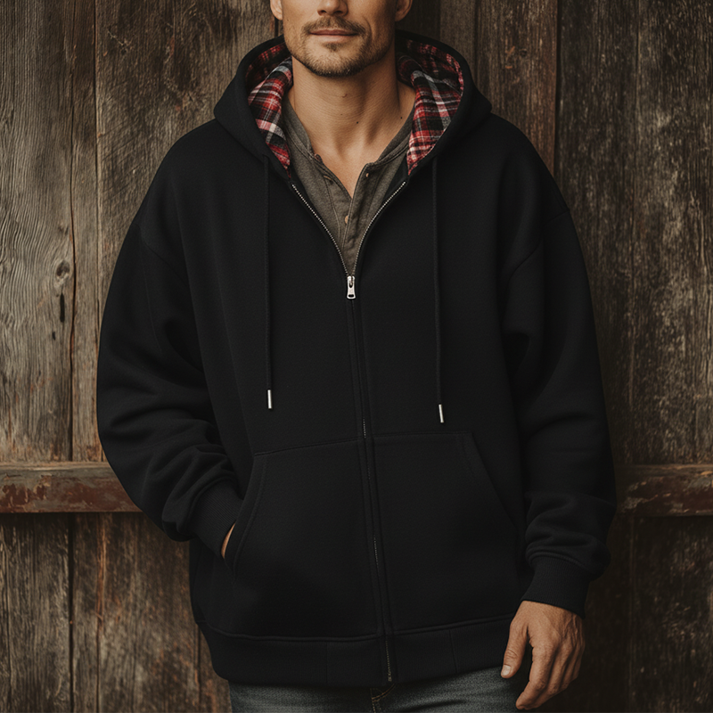 Men's Fashion Plaid Lined Cotton Blended Hooded Zipper Sweatshirt MTA1030J2P
