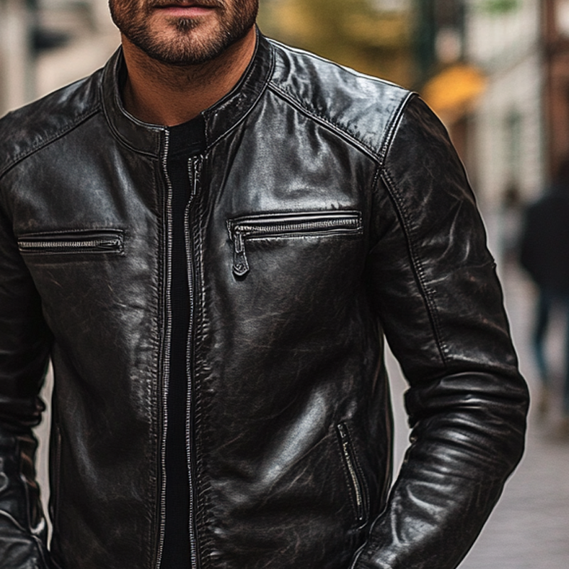 Men's Solid Color Slim Fit Motorcycle Stand Collar PU Jacket MTA0876I8X