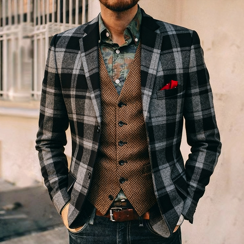 Men's Vintage Casual Check Button Blazer MTA1505J0TO