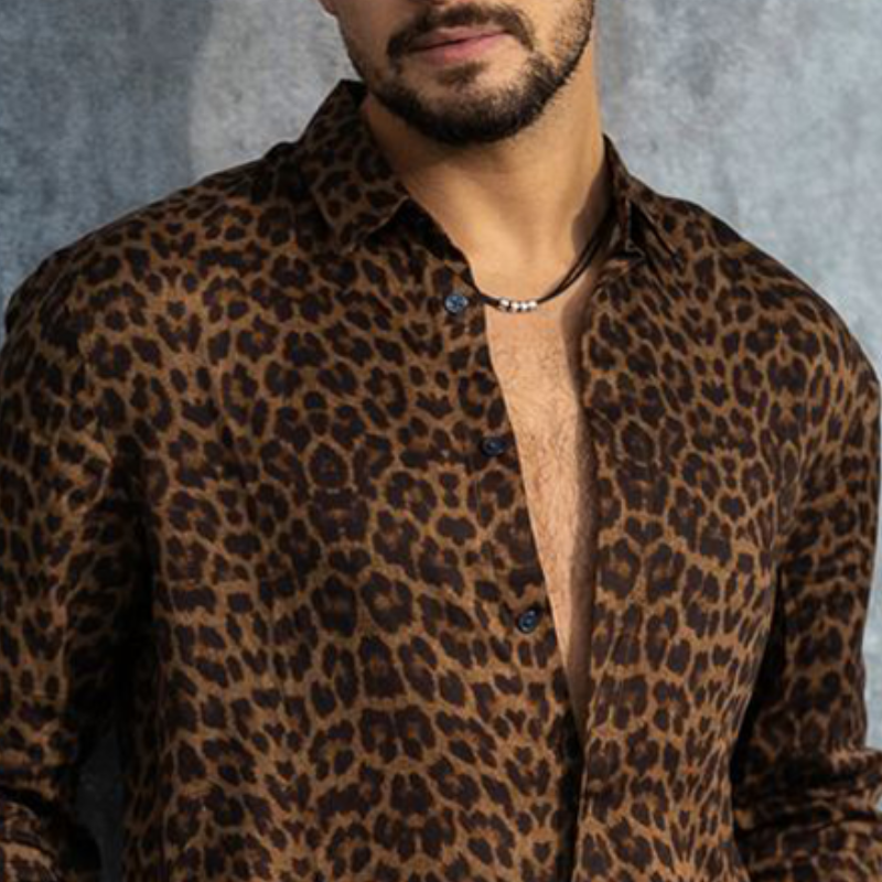 Men's Smart Casual Leopard Print Satin Long Sleeve Shirt 18468461K