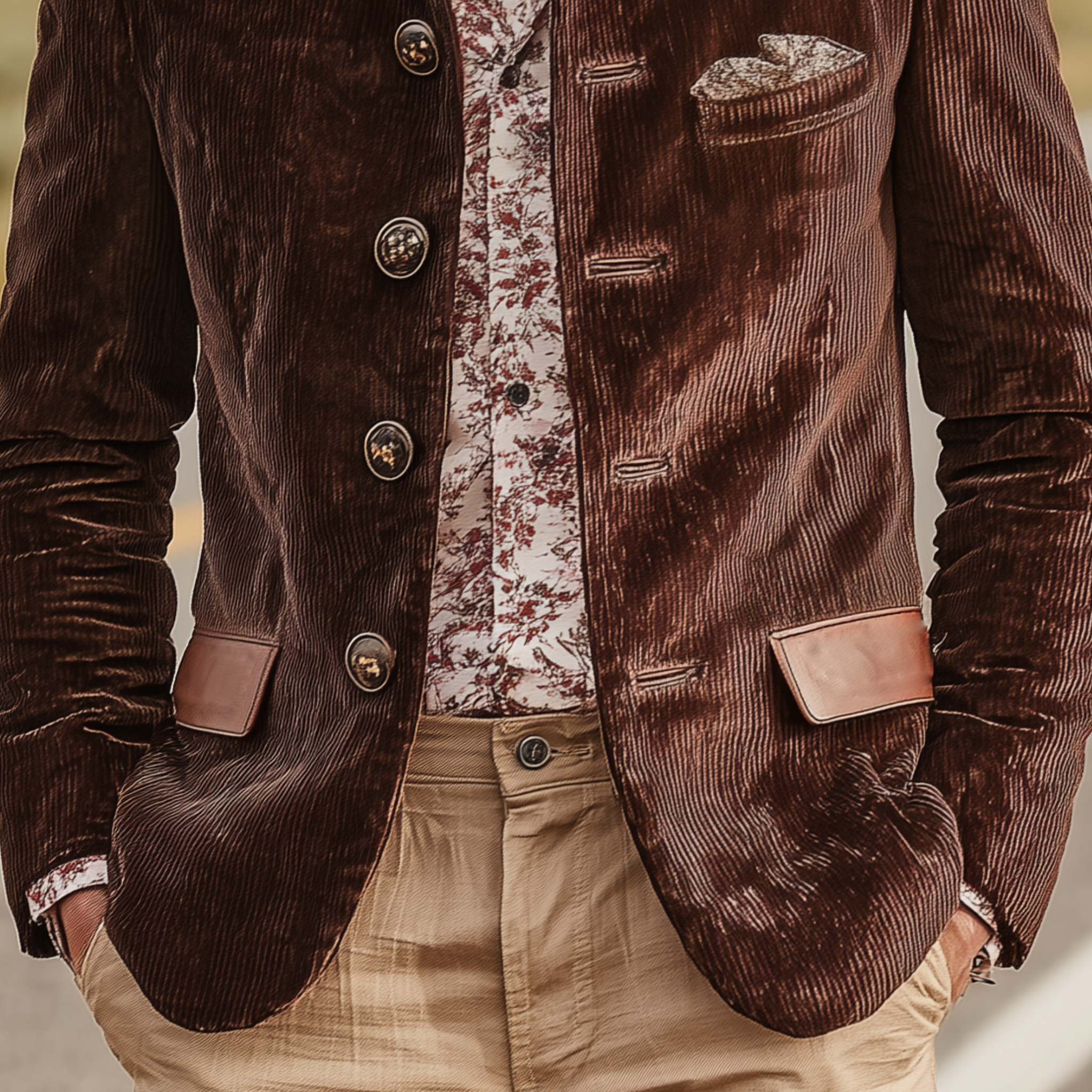 Men's Classic Casual Pocket Stitching PU Leather Stand Collar Corduroy Jacket MTA1709I2K