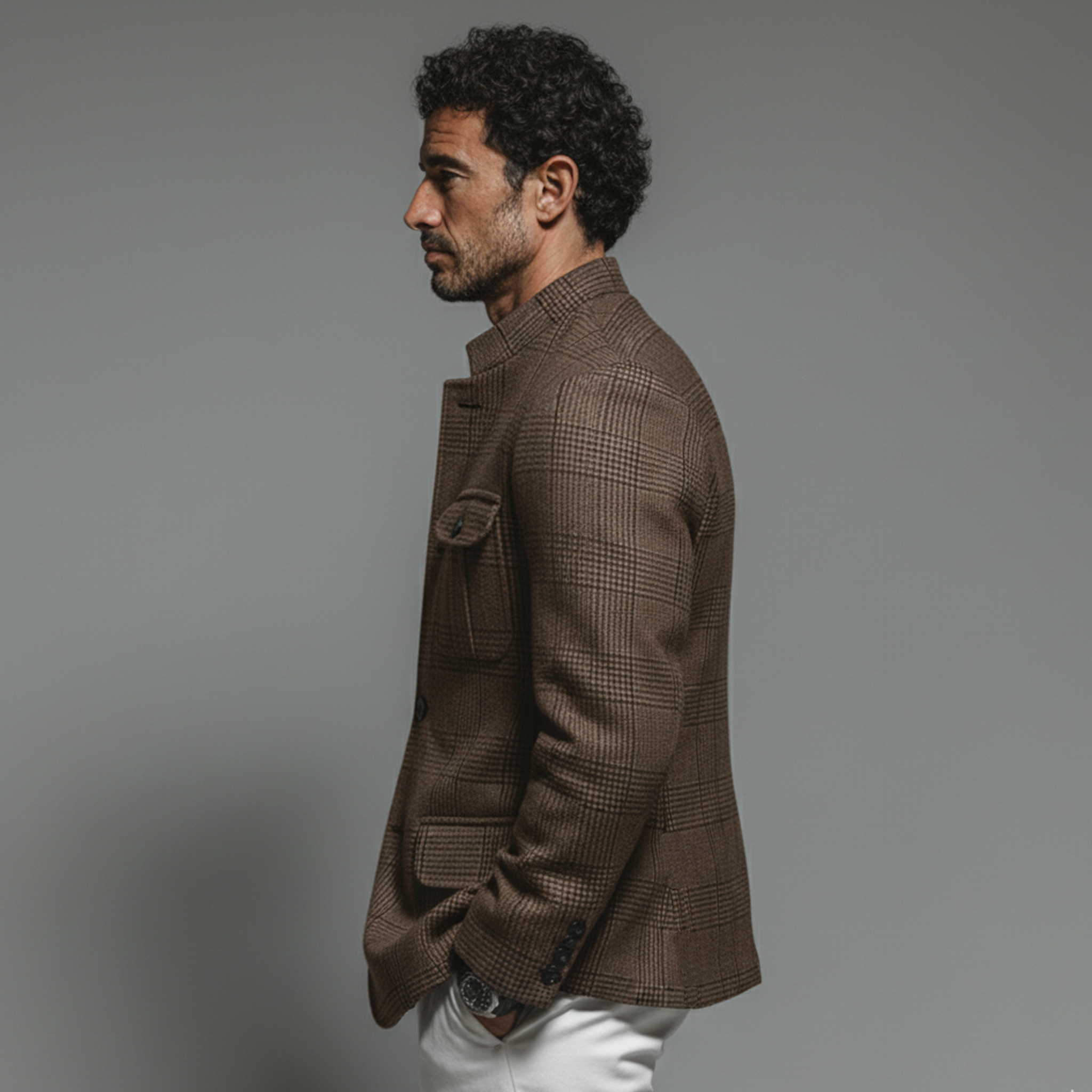 Men's Classic Vintage Stand-collar Houndstooth Blend Multi-pocket Jacket MTA1624L3K