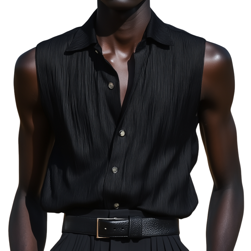 Men's Fashion Solid Color Striped Lapel Loose Sleeveless Shirt MTA2428F3M
