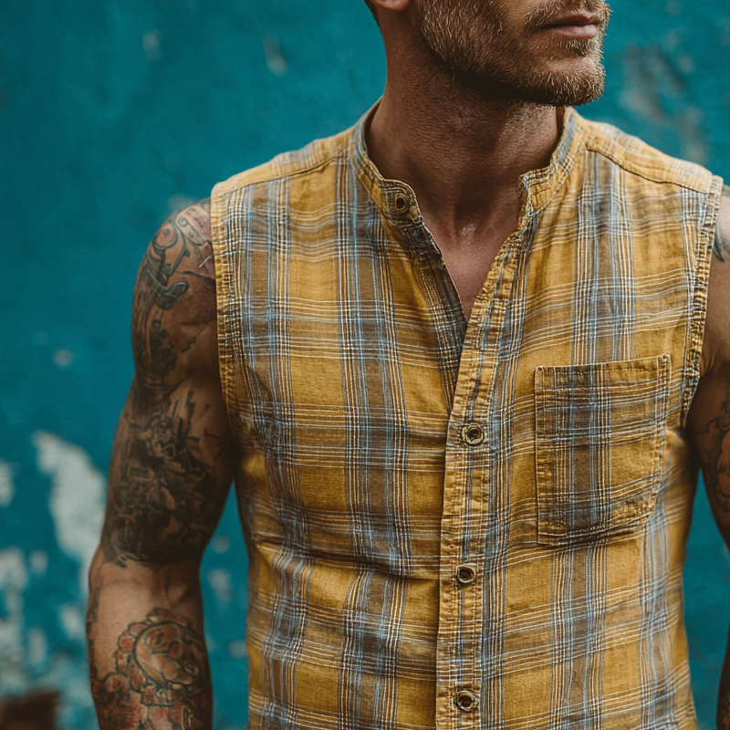 Men's Check Print Stand Collar Sleeveless Shirt MTA0383G3X