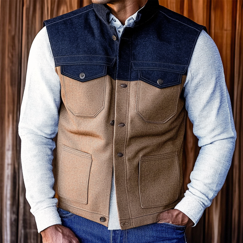 Men's Retro Colorblock Stand Collar Denim Vest MTA2284H0X