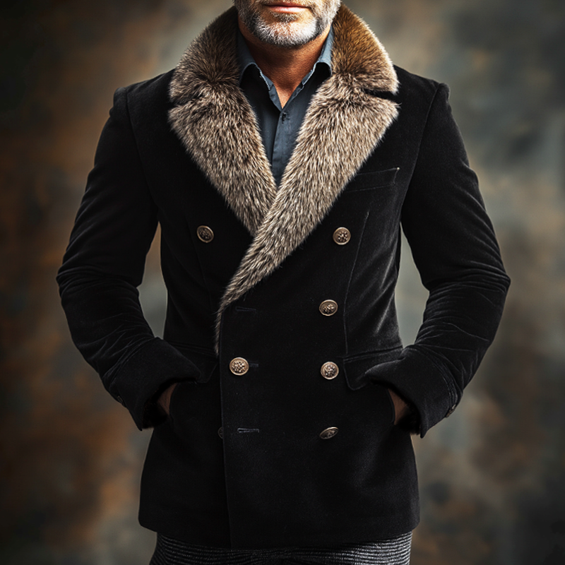 Men's Vintage Casual Fur Collar Double-Breasted Velvet Blazer MTA2264I2TO