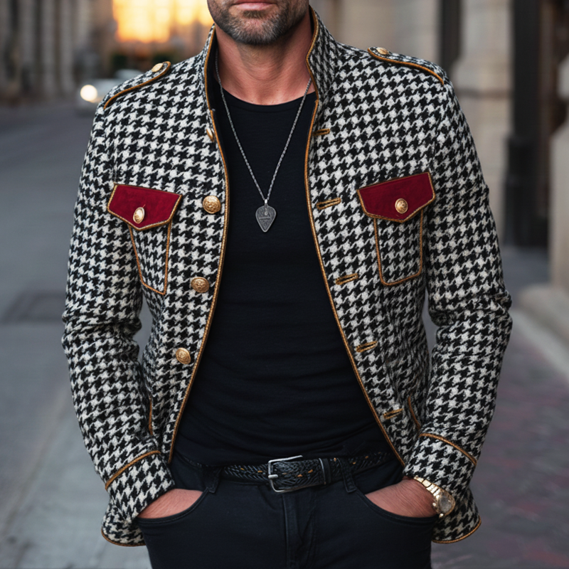 Men's Classic Stand-collar Houndstooth Faux Wool Slim-fit Jacket MTA3043K2U