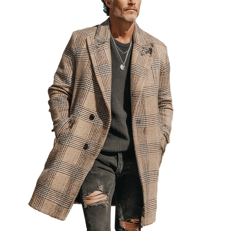Men's Autumn And Winter Fashion Mixed Color Plaid Long Coat MTA1149I2P