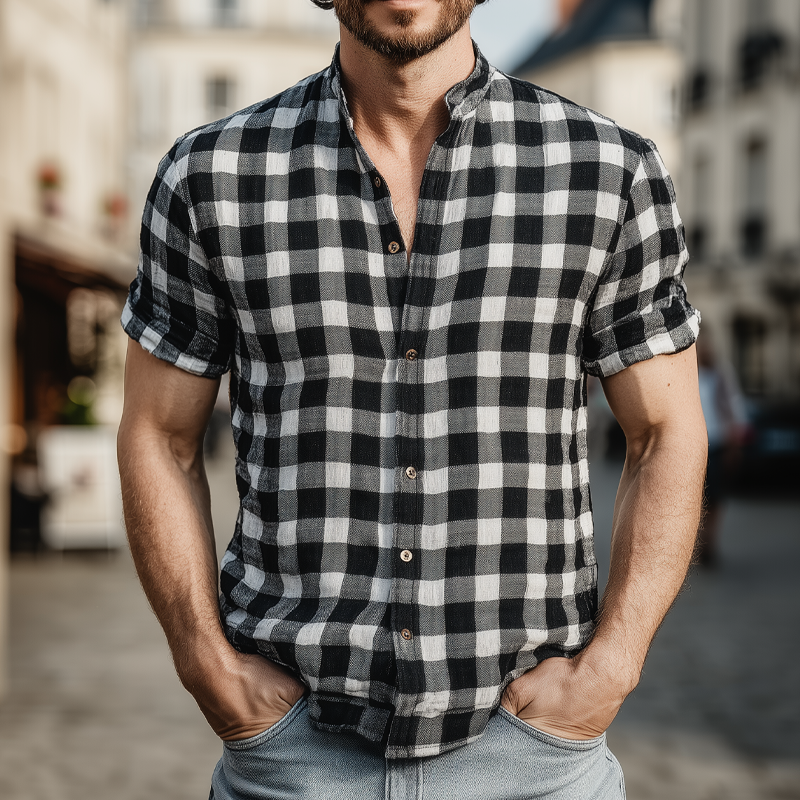Men's Plaid Stand Collar Short Sleeve Cotton And Linen Shirt MTA1504G6X