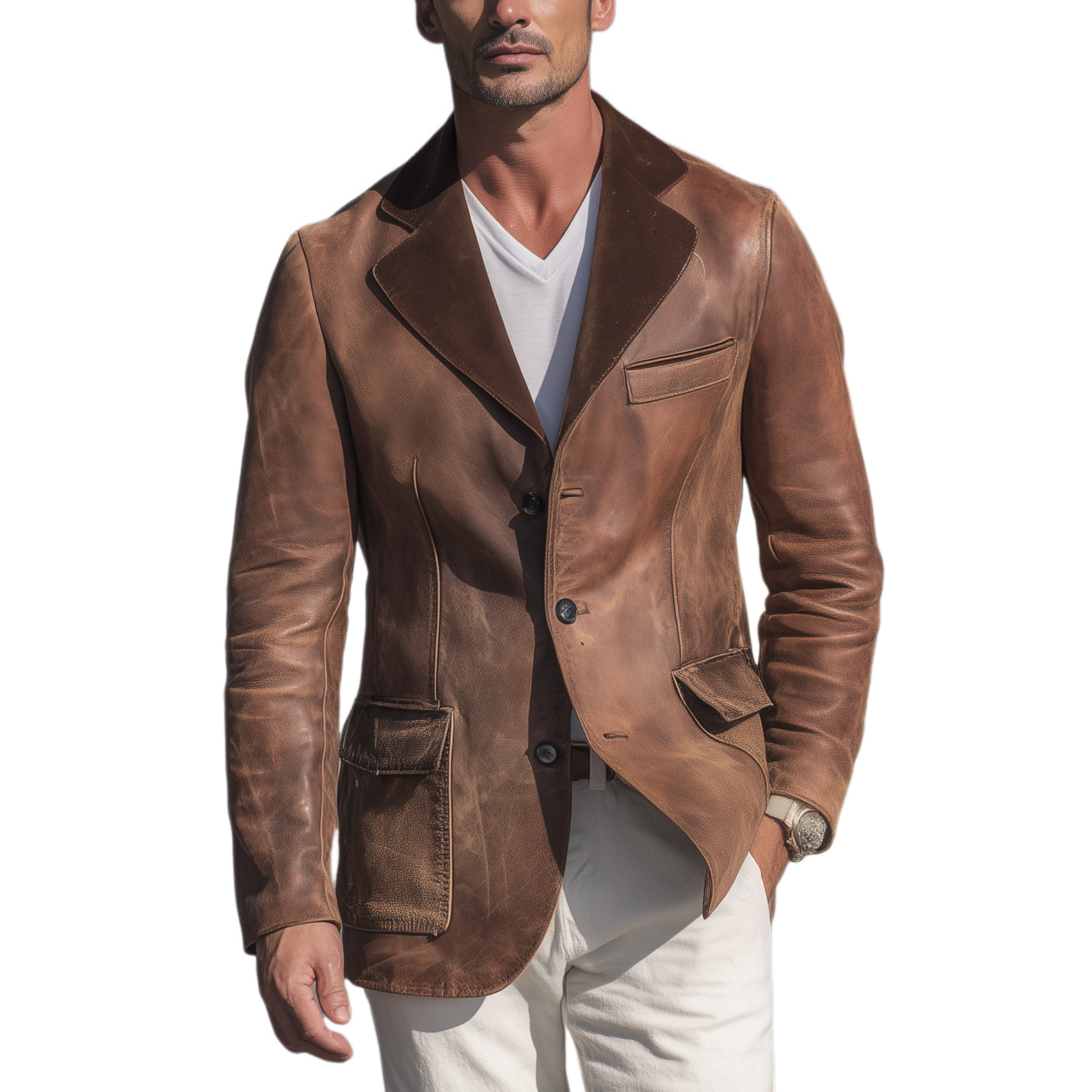 Men's Classic Retro Collar Splicing Suede And Distressed PU Leather Single-breasted Blazer MTA0714H0K