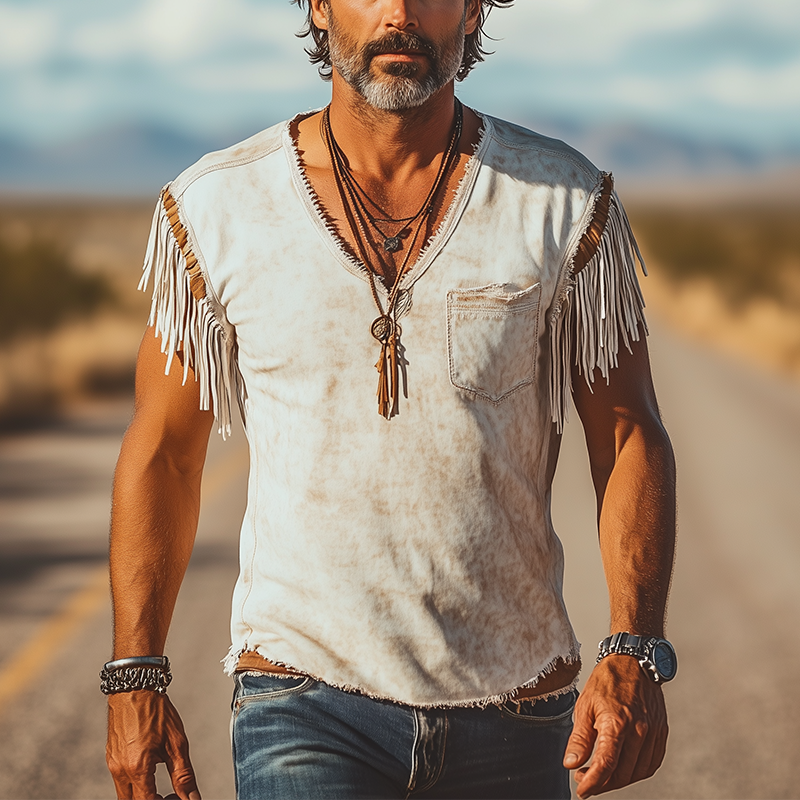 Men's Distressed Printed Tassel Polyester Blend Sleeveless T-Shirt MTA2924G9P