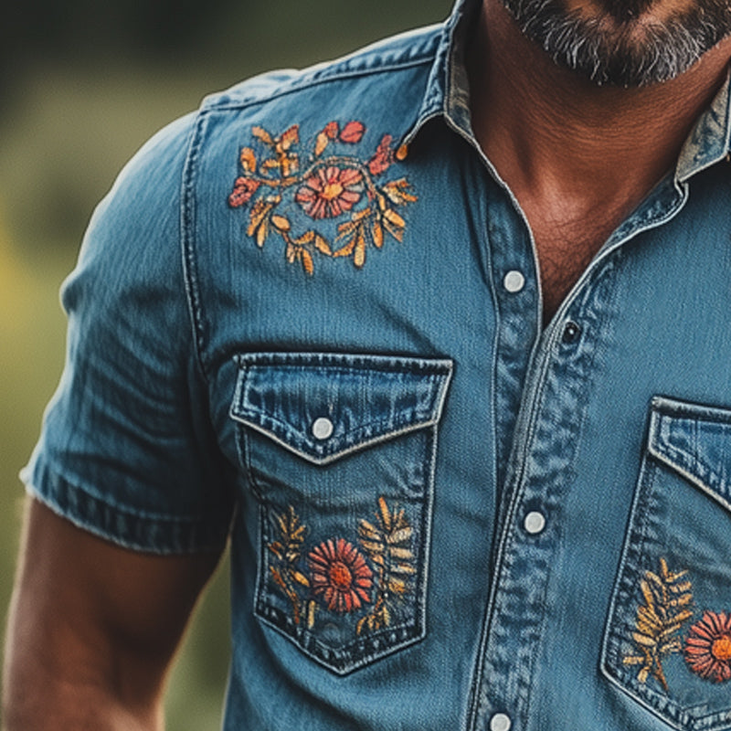 Men's Summer Denim Exquisite Floral Embroidery Shirt MTA2946D1U