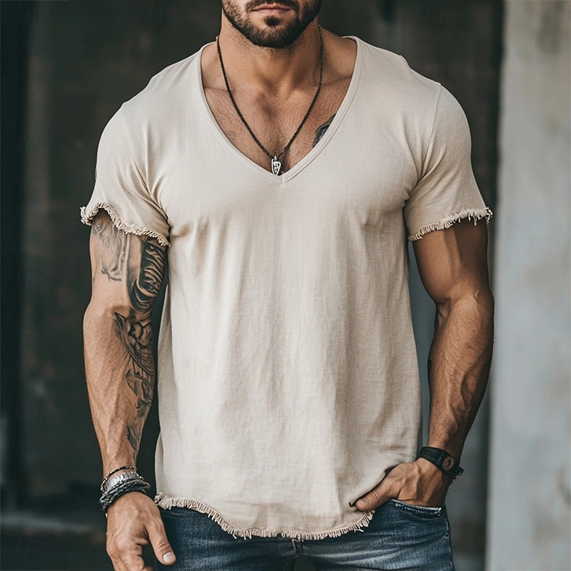 Men's Retro Casual Solid Color Linen Raw Edge V-Neck Short Sleeve T-Shirt MTA2561F2TO
