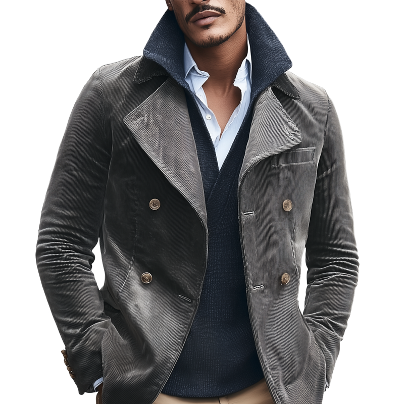 Men's Solid Corduroy Lapel Double Breasted Casual Jacket MTA1610I6Z