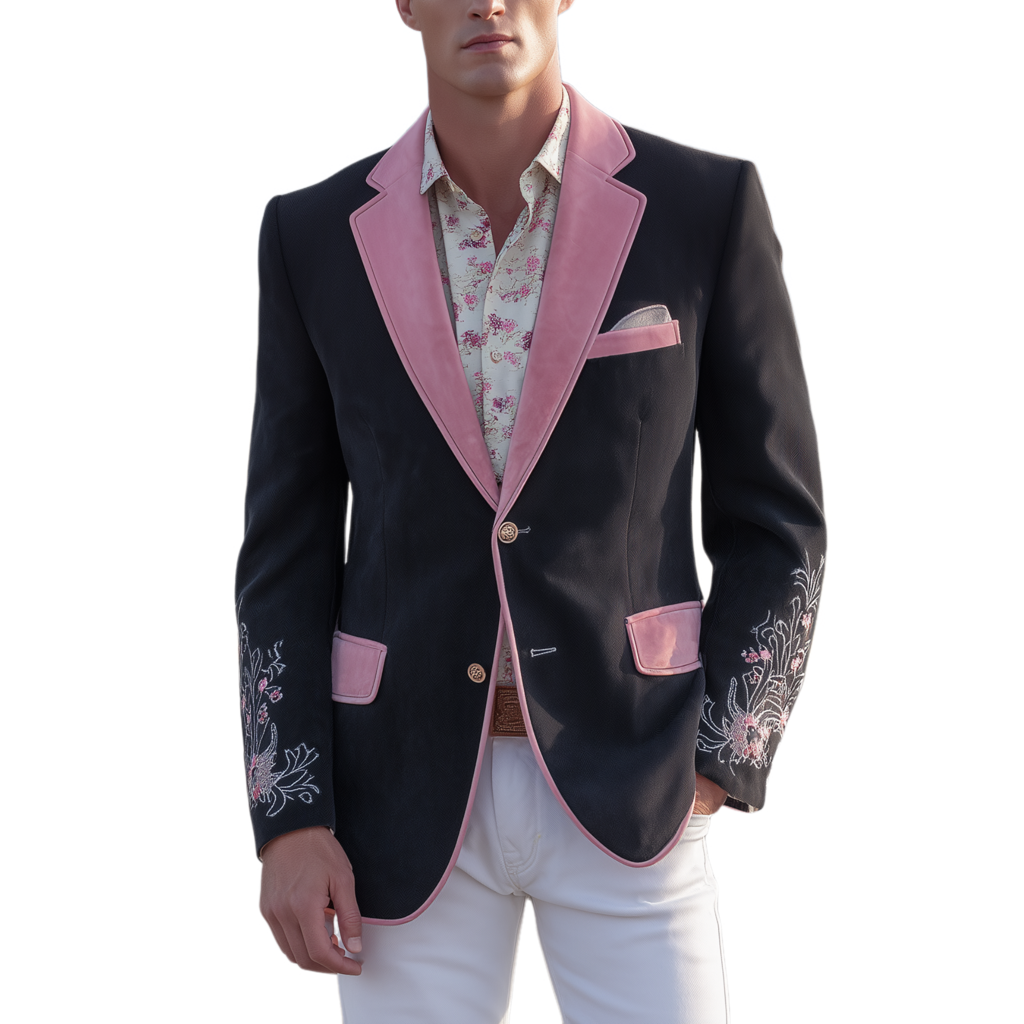 Men's Classic Retro Western Style Pink Suede And Cotton Blend Embroidered Single-breasted Blazer MTA2652H0K