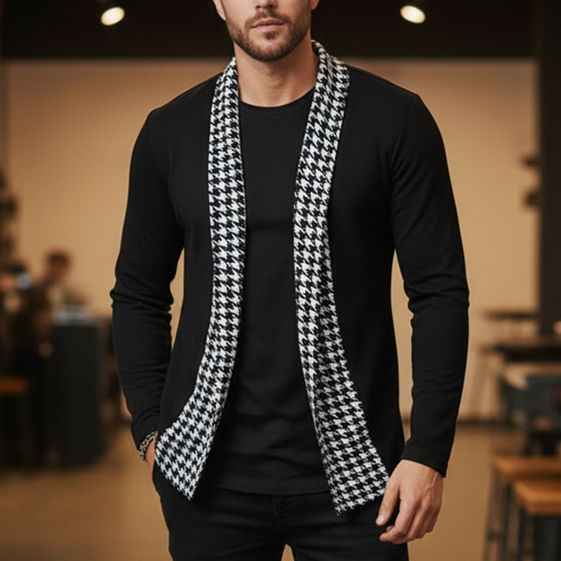 Men's Autumn Fashion Houndstooth Stitching Imitation Cashmere Open Cardigan MTA1669J0P