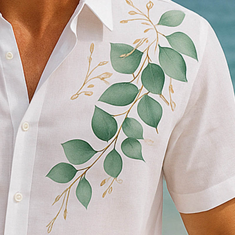 Men's Summer Cool Breathable Leaf Printed Linen Short Sleeve Shirt MTA2705E8P
