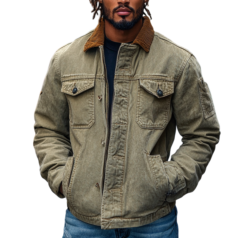 Men's Retro Western Cowboy Style Spliced Lapel Corduroy Denim Jacket MTA3051I0X