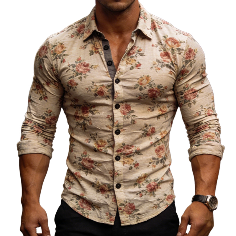 Men's Retro Casual Floral Print Stretch Lapel Long Sleeve Shirt  MTA2301L1TO