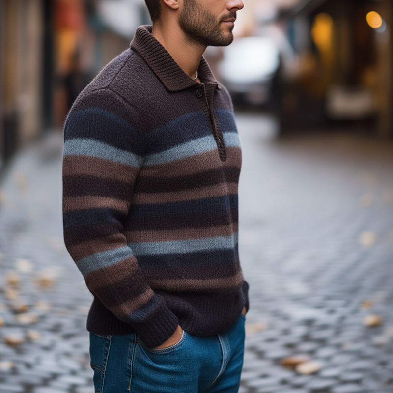 Men's Classic Color-blocked Striped Three-button Polo Collar Sweater MTA0658K3U