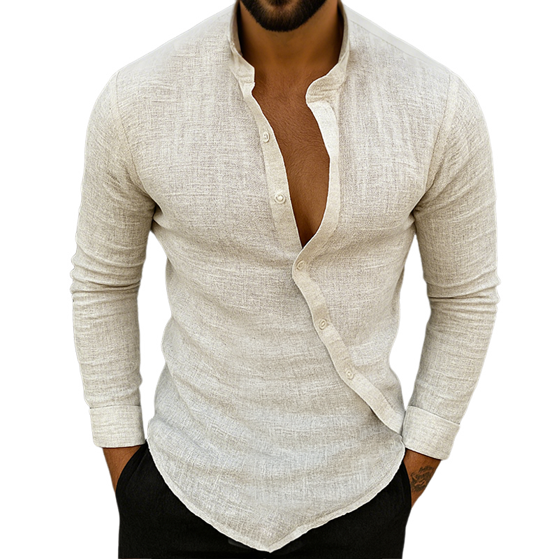 Men's Retro Casual Linen Stand Collar Long Sleeve Shirt MTA2204G4TO