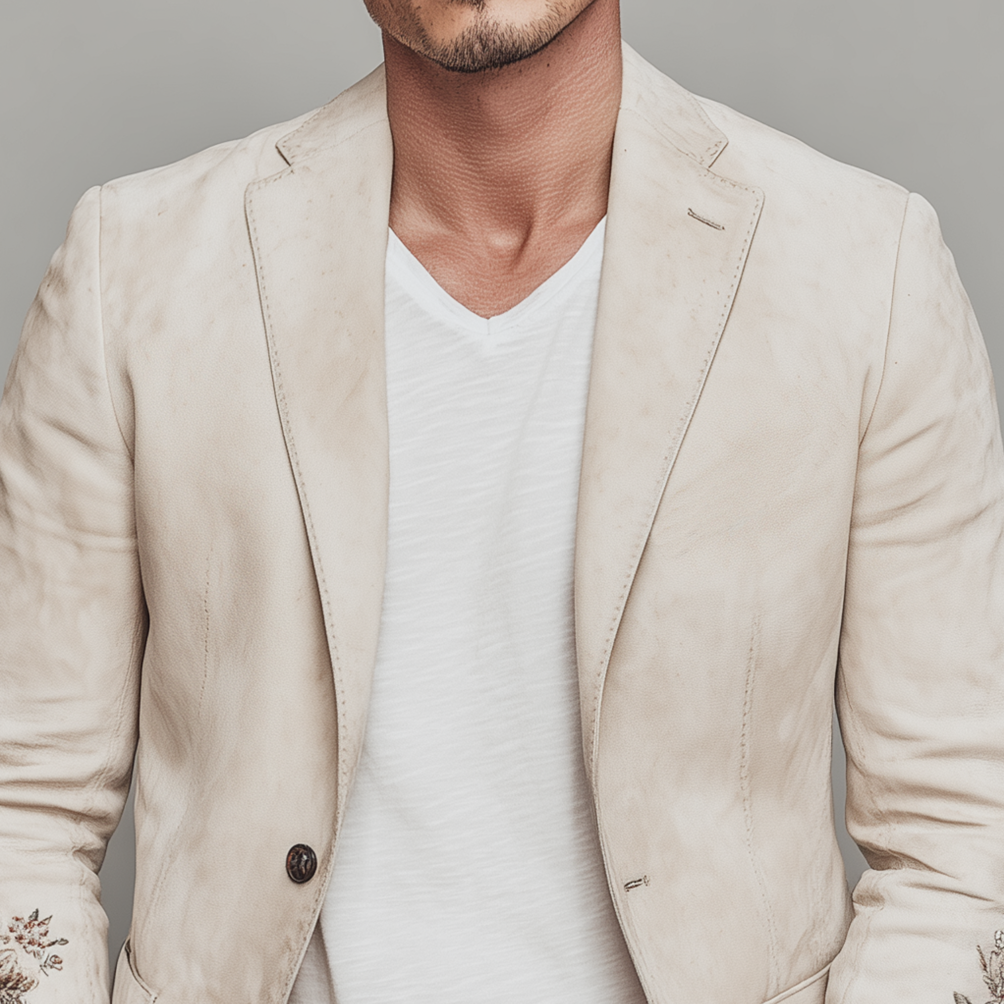 Men's Spring Fashion Casual Solid Color Thin Suede Cuff Embroidery Single Breasted Blazer MTA1848G4K