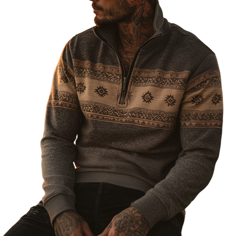 Men's Retro Casual Western Style Geometric Print Zipper Neck Sweatshirt MTA2178H0TO