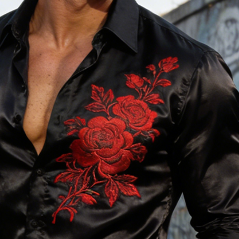 Men's Vintage Casual Floral Print Lapel Satin Long-sleeved Shirt MTZ0525A9TO