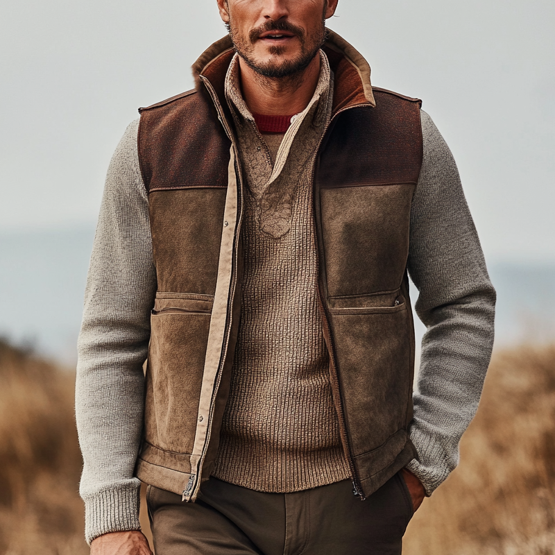 Men's Retro Color Block Suede Zipper Stand Collar Vest MTA1565K6X