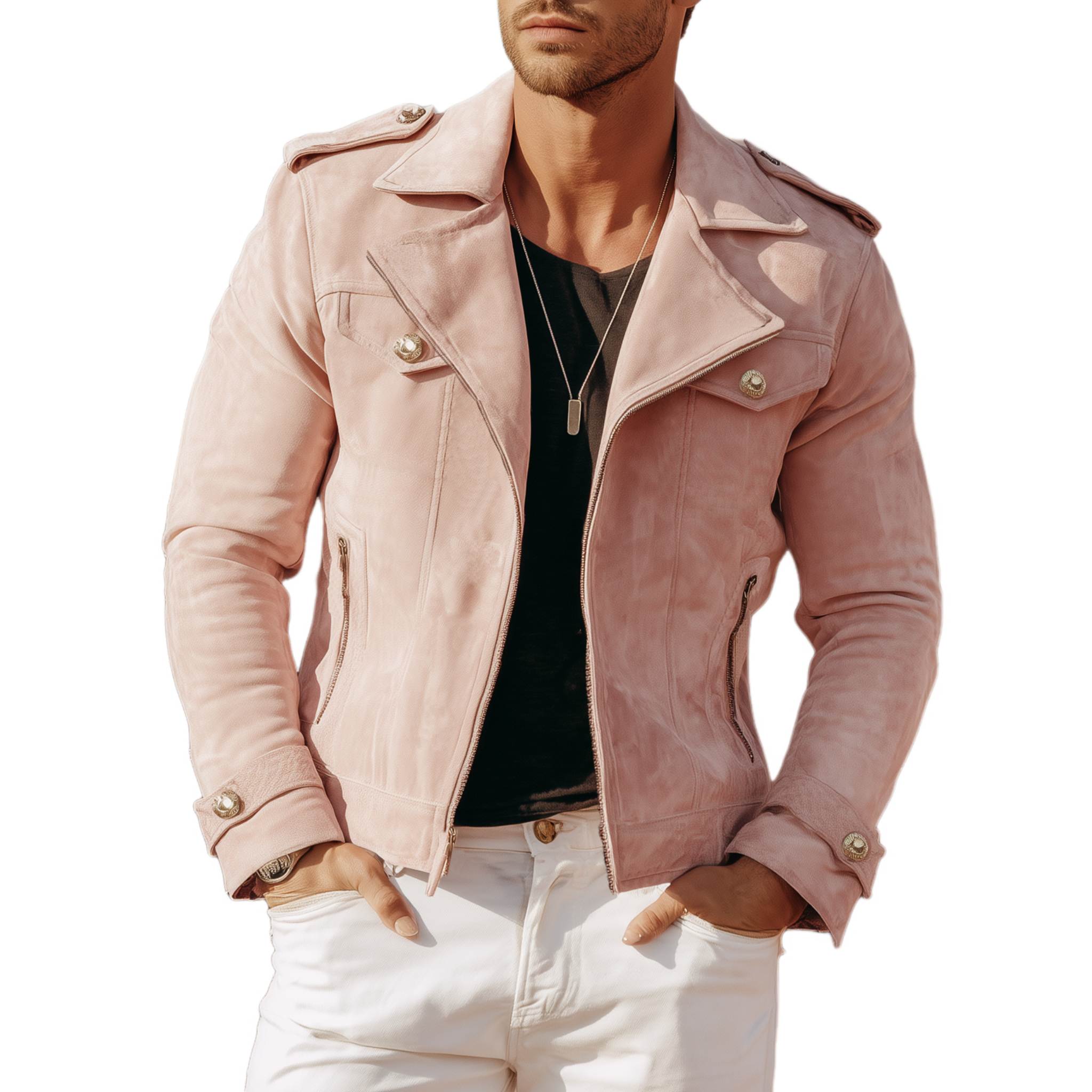 Men's Classic American Retro Western Style Lapel Pink Suede Motorcycle Jacket MTA2118H3K