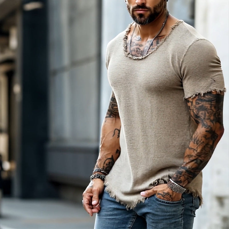 Men's Retro Casual Raw Edge Ripped Round Neck Short Sleeve T-Shirt MTA2587D5TO