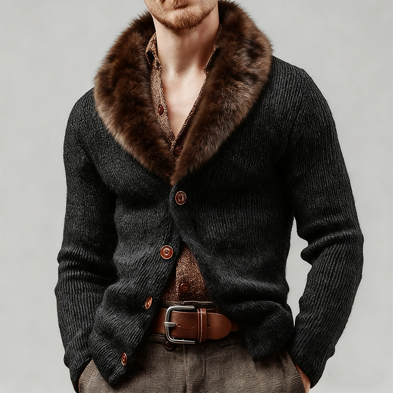 Men's Retro Casual Knitted Patchwork Fur Collar Button Cardigan MTA0103K9TO