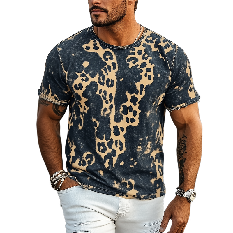 Men's Spring And Summer New Fashion Casual Retro Western Cowboy Style Distressed Leopard Print Cotton Blended Print Short-Sleeved T-Shirt MTA0900E7K