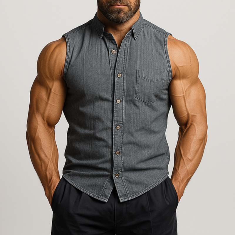 Men's Vintage Washed Distressed Lapel Patch Pocket Slim Fit Denim Sleeveless Shirt MTA1380E0M