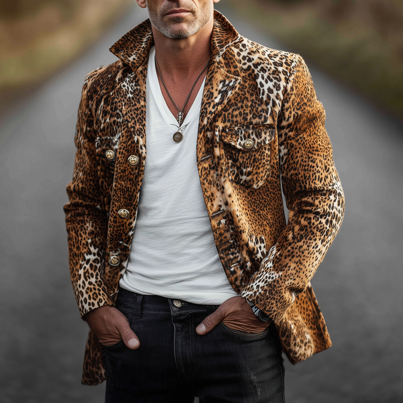 Men's Vintage Lapel Leopard Suede Button Short Coat MTA1415H3U