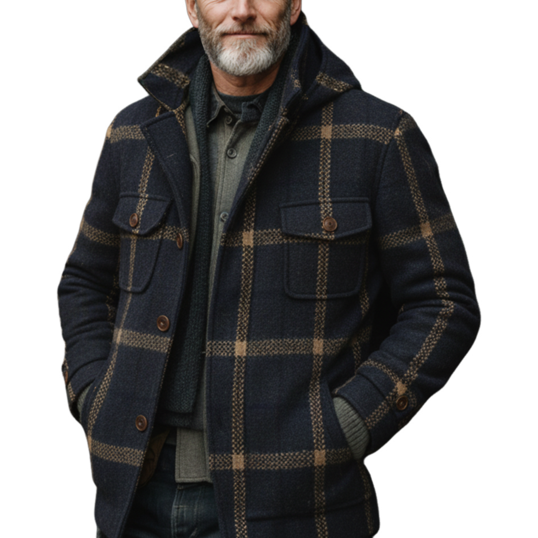 Men's Classic Retro Faux Plaid Wool Stand Collar Hooded Multi-Pocket Jacket MTA3033I3K