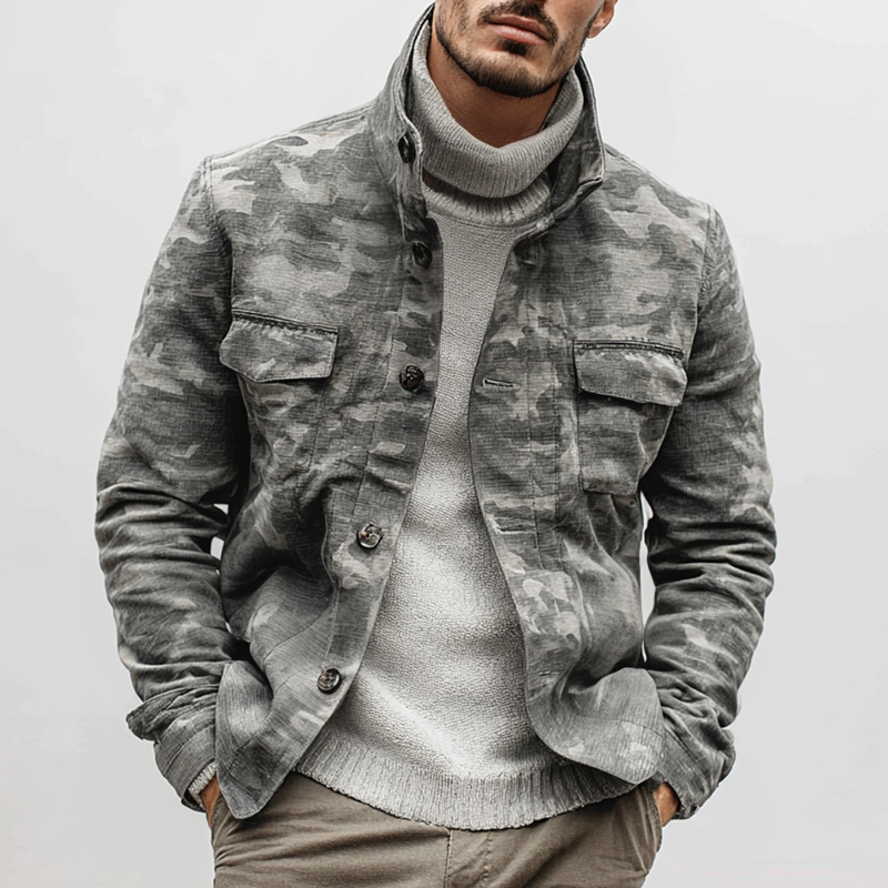 Men's Camouflage Stand Collar Single Breasted Casual Jacket MTA1843H5Z