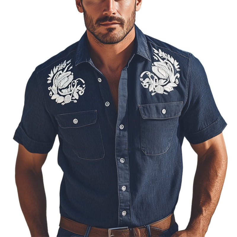 Men's Summer Silver Embroidery Cotton And Linen Short Sleeve Shirt MTA2201E5U