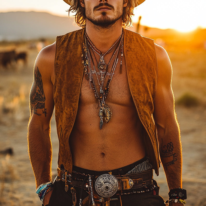 Men's Vintage Western Cowboy Suede V-Neck Vest MTA0984E4X