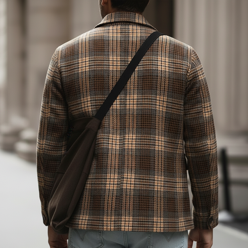 Men's Autumn/Winter Retro Business Plaid Brushed Faux Woolen Long-Sleeved Shirt MTA1177L9U