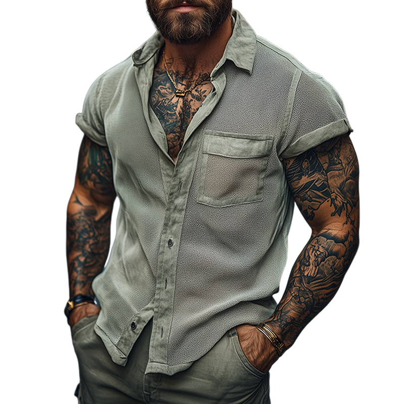 Men's Retro Mesh Splicing Lapel Short Sleeve Shirt MTA2693F9TO
