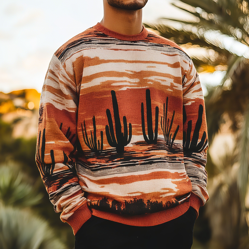 Men's Western Pattern Round Neck Long Sleeve Knit Sweater MTA1403H5Z