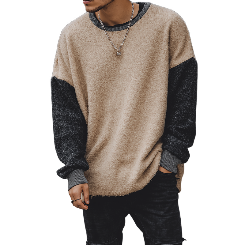 Men's Retro Casual Plush Stitching Street Style Crew Neck Sweatshirt MTA2905H2TO