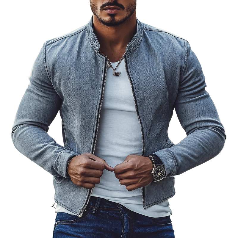 Men's Vintage Washed Denim Biker Zip-Up Jacket MTA2505G5X