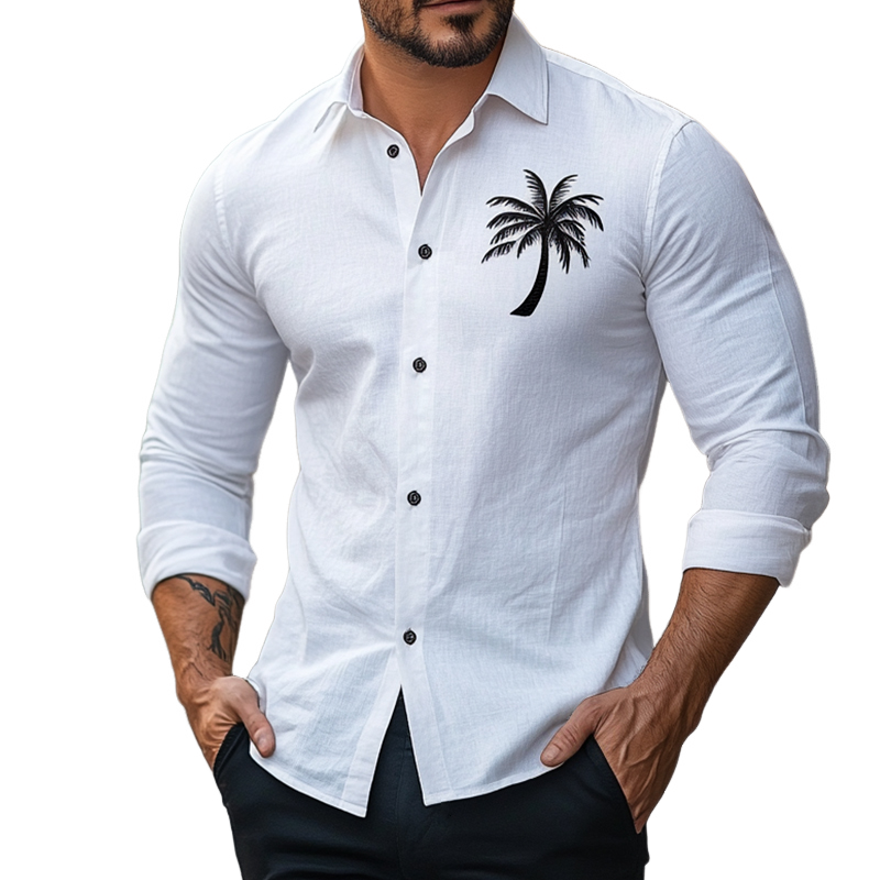 Men's Vintage Casual Cotton Coconut Tree Print Lapel Long Sleeve Shirt 16124514TO