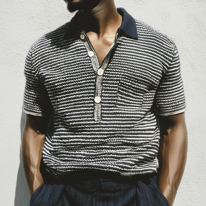Men's Summer Classic Black And White Striped Polo Neck Knitted T-Shirt MTA0782G3U