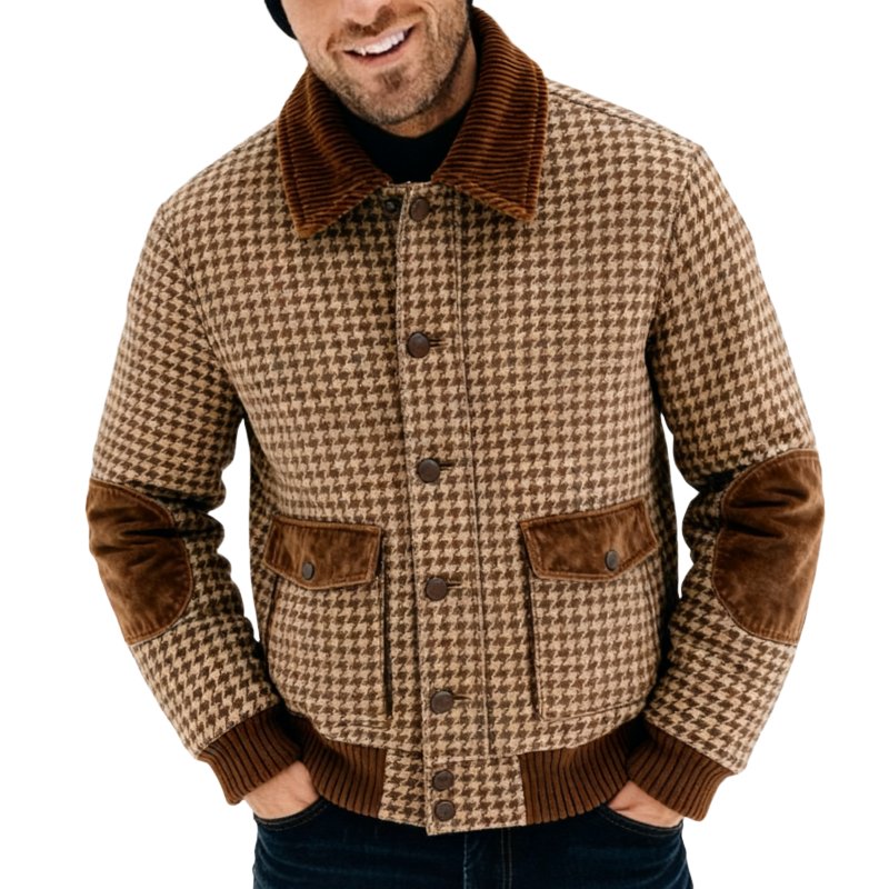 Men's Retro Casual Houndstooth Patchwork Lapel Button Jacket