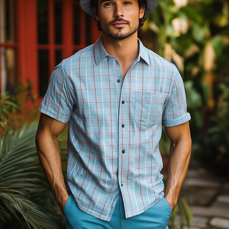 Men's Summer Basic Blue Plaid Short Sleeve Shirt MTA2642E1U
