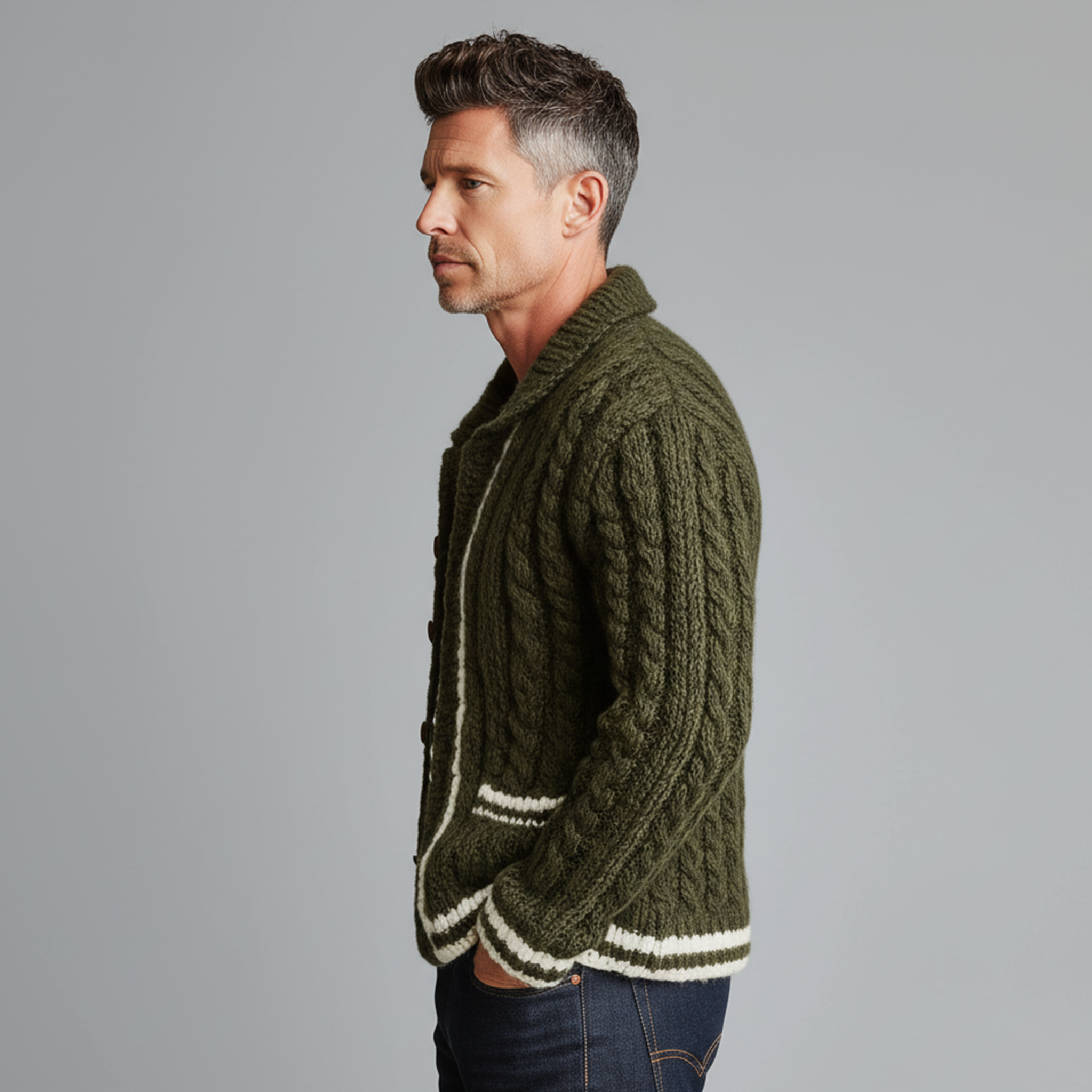 Men's Casual Fashionable Lapel White And Green Contrast Knitted Cardigan MTA1714J9K