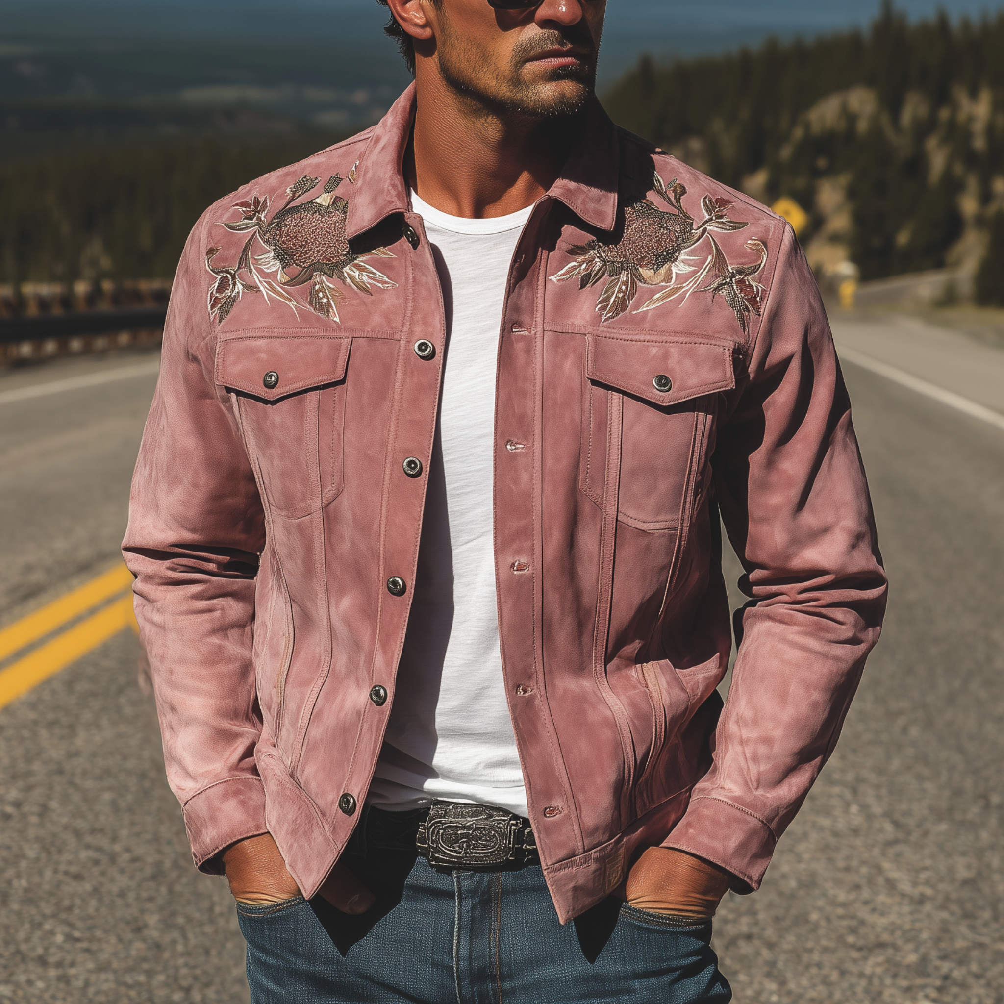 Men's Classic Retro Western Style Pink Suede Embroidered Jacket MTA1441H5K